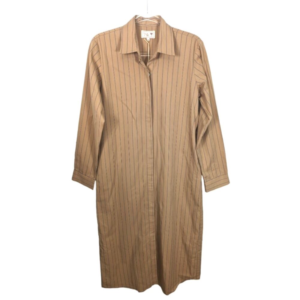 Mille Resort Cotton Pinstripe Midi Shirt Dress Tan Blue Tie Waist Size M NWT